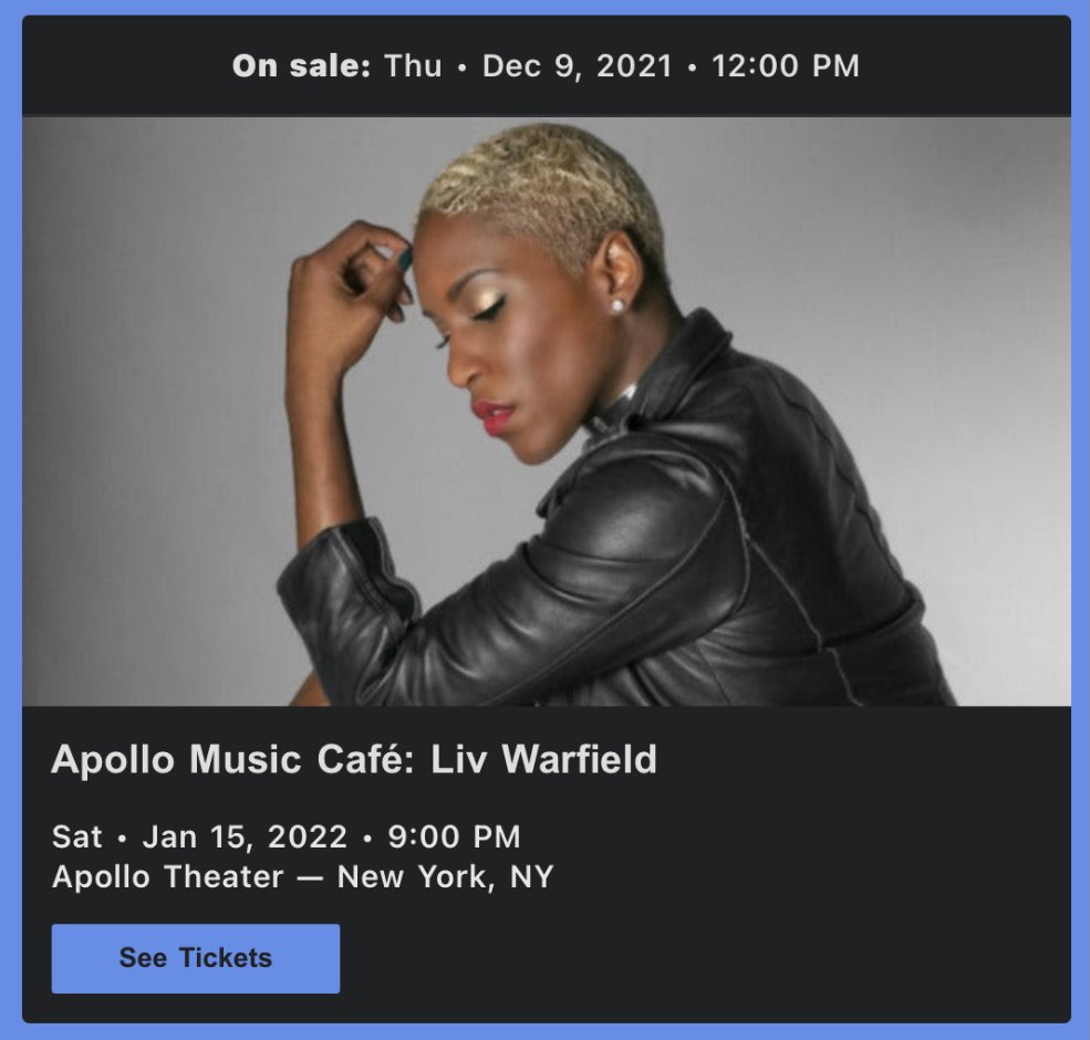 livwarfield's tweet photo. It’s time! Tickets are now on sale for the Apollo Theater Music Cafe! @ApolloTheater JANUARY 15th 

https://t.co/4XfsyF3YZD

Click this long link 😂 https://t.co/JNaHNQOEI8