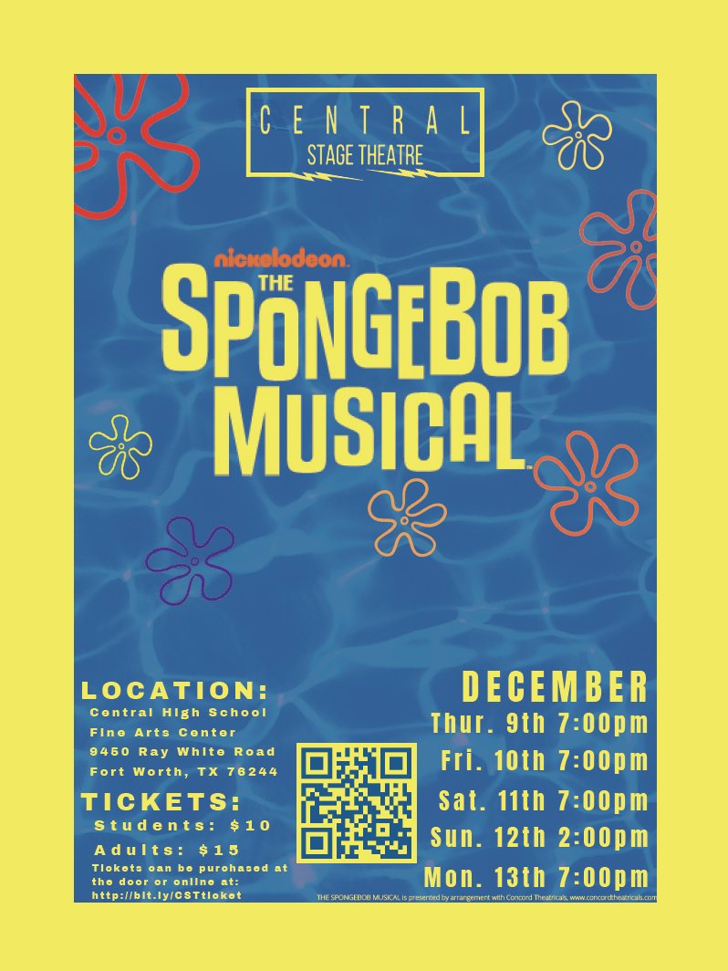 .<a href="/theatre_central/">Central Stage Theatre</a> will present The SpongeBob Musical Dec. 9-13! Come enjoy the the musical adaptation of Nickelodeon’s long-running animated children’s sitcom, where you'll find yourself in the undersea city of Bikini Bottom. Find tickets and show info – kellerisd.net/Page/2#calenda…