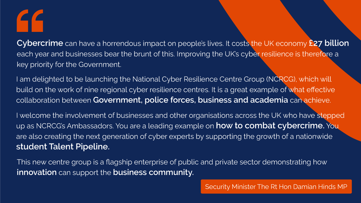 NationalCRCG's tweet photo. During his speech, Mr Hinds spoke about the impact of #cybercrime on the UK economy and how NCRCG is leading the fightback – uniting government, policing and Ambassador Partners from the UK’s largest businesses and organisations.

@ukhomeoffice @PoliceChiefs https://t.co/3i52Tn2TVq