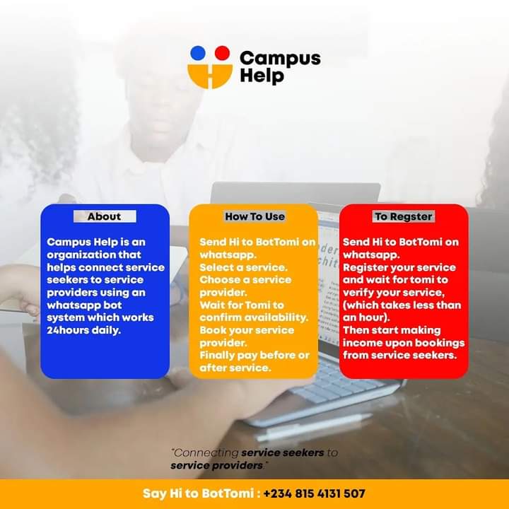 ellabarbie_'s tweet image. #campushelp 💃 is here  with a  list of Qualified / Professional services Providers at your Reach offering you  package of services tailored to your personal needs including:
Click here for more  😇:  
wa.link/dvu9pk
Email : Campushelpbot@gmail.com