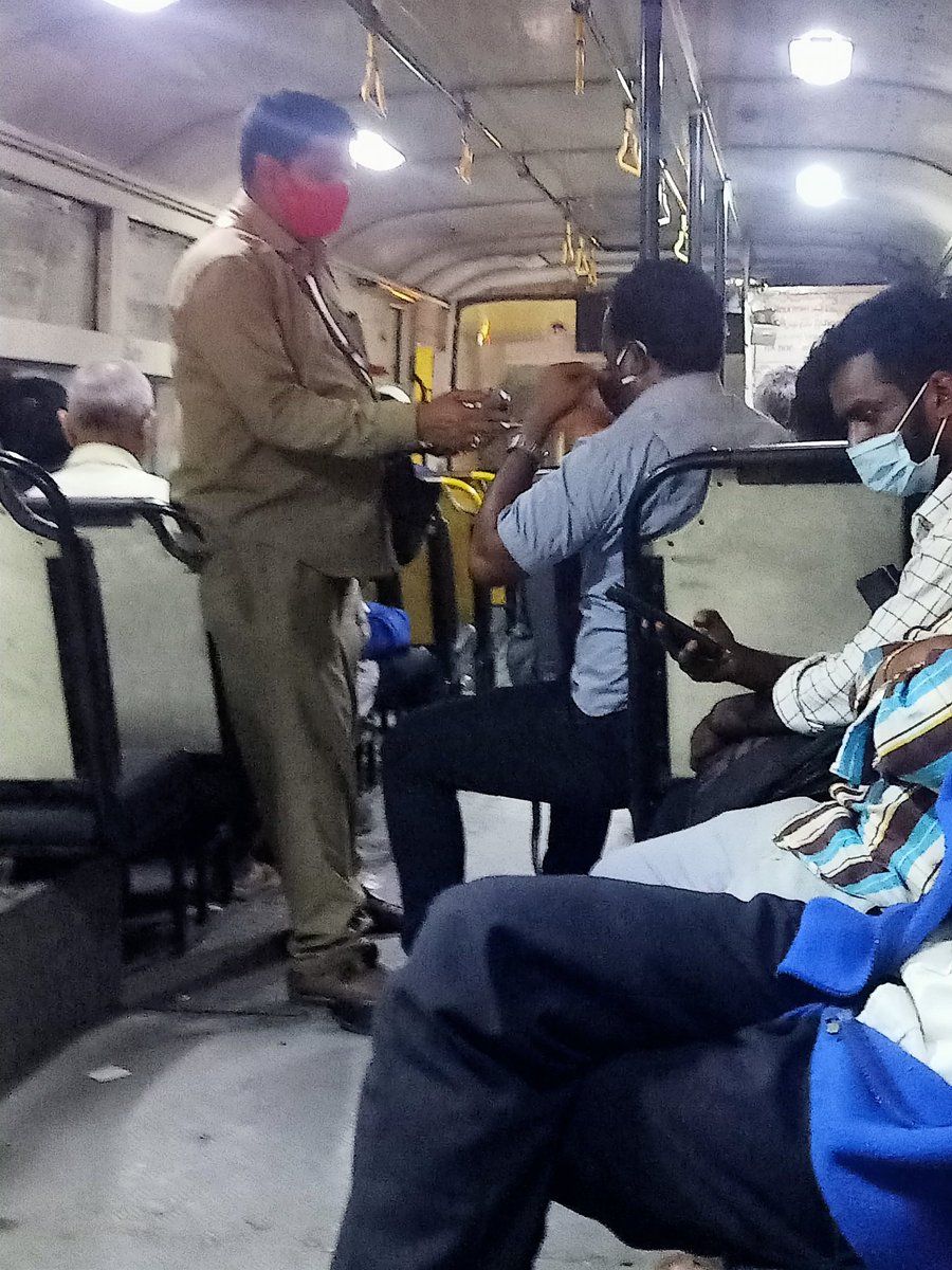 hasteshk's tweet photo. Conductor of 113F bus was offering hand sanitizer to passengers aboard, apart from asking them to wear mask.

Irrespective of gender&amp;age, he was interacting with every passenger in a humble manner. 

You got a great crew @tsrtcmdoffice 
#IchooseTSRTC 
@iAbhinayD https://t.co/RbcDzJ00eD