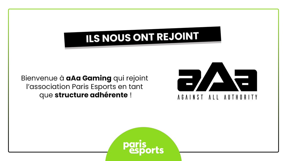 Bienvenue à <a href="/aAaGaming/">*aAa*</a> qui nous rejoint en tant que structure adhérente pour soutenir les initiatives de <a href="/ParisEsports/">Paris Esports</a> ! 👏

🟢 Vous aussi, vous voulez adhérer avec votre association ou structure francilienne ? Faîtes le dès maintenant : bit.ly/PE_adhesion2021