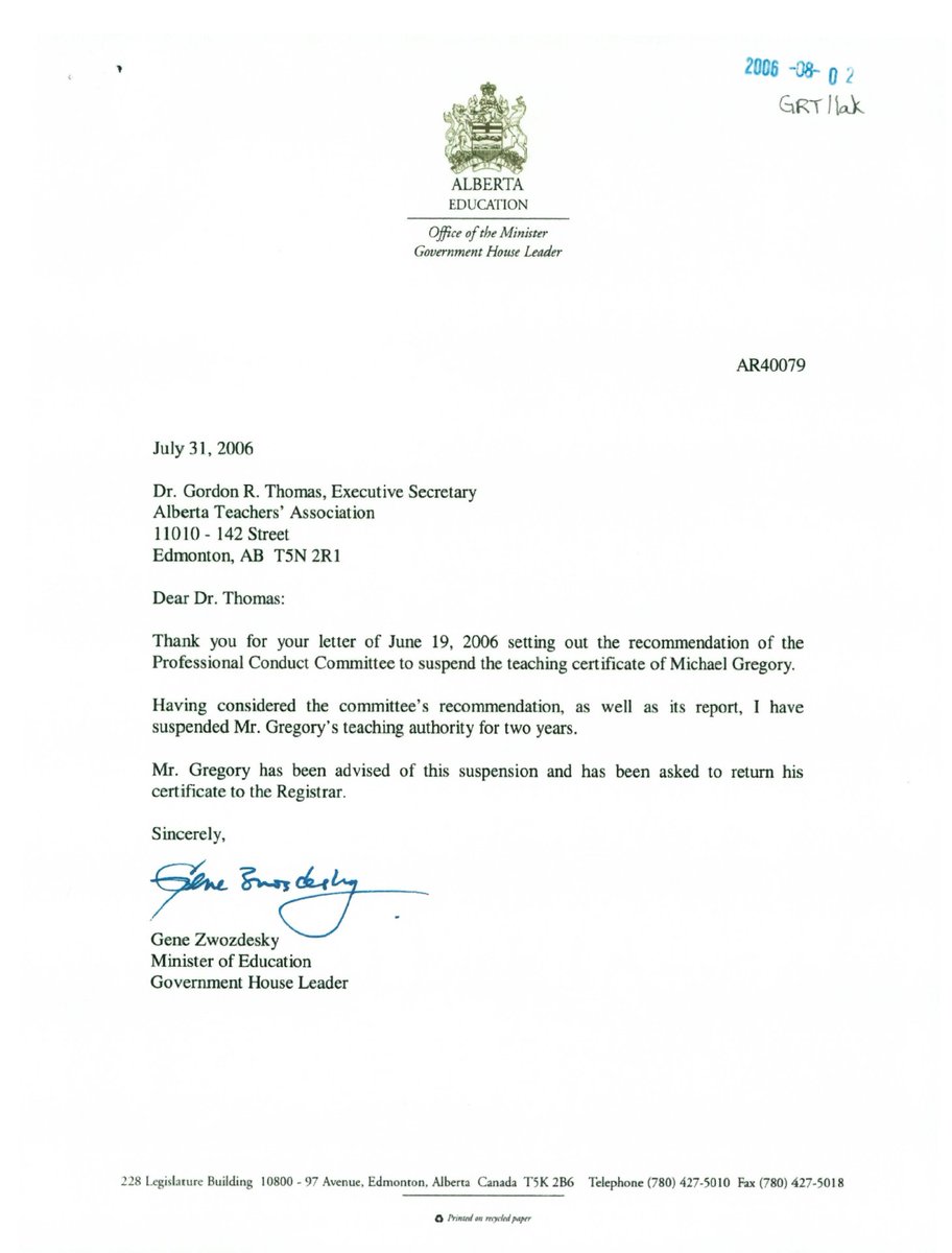 The Government of Alberta itself failed to report the case to police when it received the report of the teacher’s conviction of unprofessional conduct in an ATA disciplinary hearing. #abed #ableg