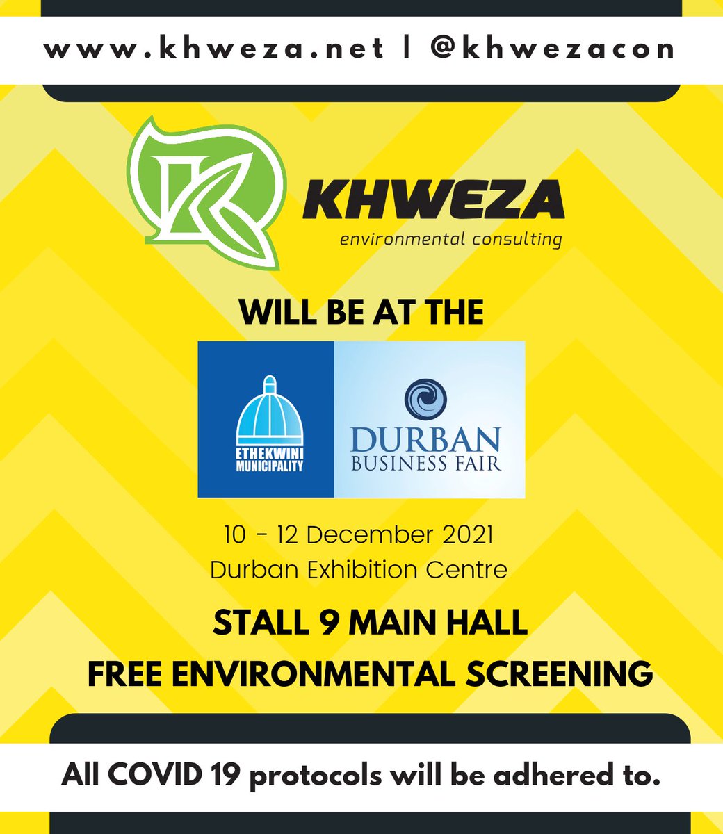 We will be trading at the @DBNBusinessFair at stall 9 with other SMMEs from Durban.

We are offering free environmental screenings for your development site so come over and let us guide your team.
#BuyLocal
#DurbanBusinessFair #DBF23 #DBF2021 #DBF21 @ethekwinim    #Durban #smme