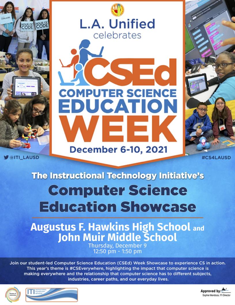 The day is finally here! I'm so excited to see the wonderful teachers and student from @Hawkins_HS and @Muirmiddle share their learning around #CSEd! Visit achieve.lausd.net/Page/16709 for more details! @LASchools @ITI_LAUSD @LAUSD_LDWest @SMidCity_LDWest #CSEverywhere #CS4LAUSD