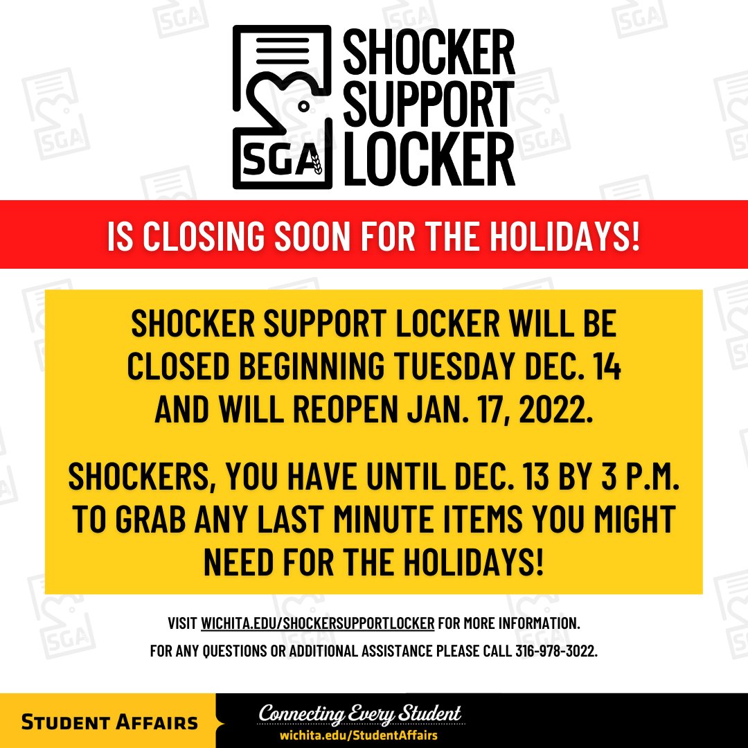 ShockerPathway's tweet image. As a reminder, the Shocker Support Locker will be closing on Tuesday Dec. 14th and will reopen on Jan. 17th, 2022. Please go to wichita.edu/shockersupport… for any last minute items you may need for the holidays, or if you would like to donate to the cause. Happy holidays, Shockers!
