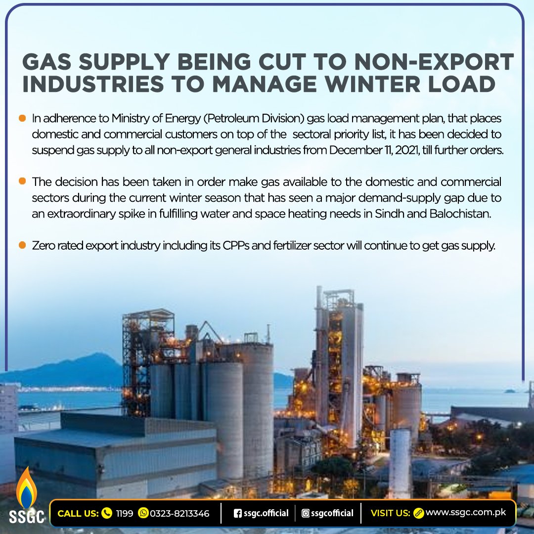 SSGC_Official's tweet image. Gas to non-export general industries cut to make fuel available to domestic and commercial customers. 
#GasLoadManagement #GasDemand #SSGC