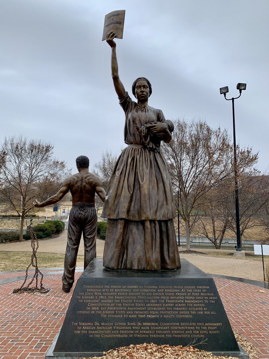 RVAStatues's tweet photo. Emancipation and Freedom Monument on Brown’s Island in Richmond, Va. Designed by Thomas Jay Warren, “features two 12-foot bronze statues representing a man, woman, and infant newly freed from slavery.” https://t.co/8NfMLl8Oc3 https://t.co/IvQunqUhwn