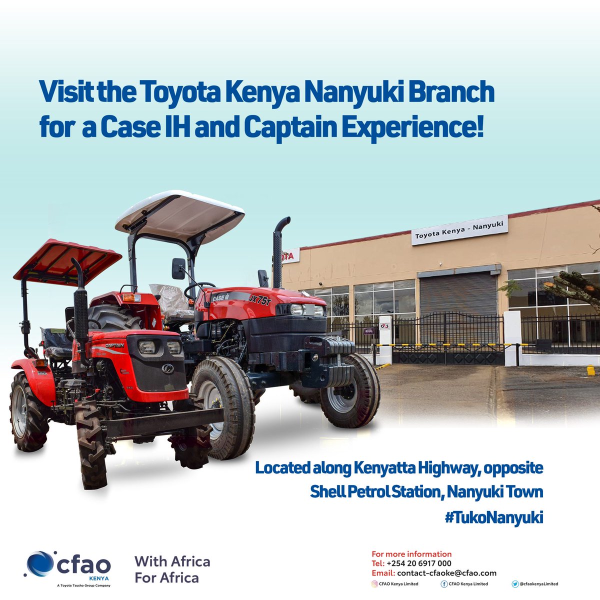 cfaokenyaltd's tweet photo. Are you located in Nanyuki or its environs and are looking for a mechanization solution for your farm?
Come visit us today. We're located along Kenyatta highway, opposite Shell petrol station, Nanyuki town. Come enjoy the #CaseIH and #CaptainTractor experience. https://t.co/Mrw9vIApqE