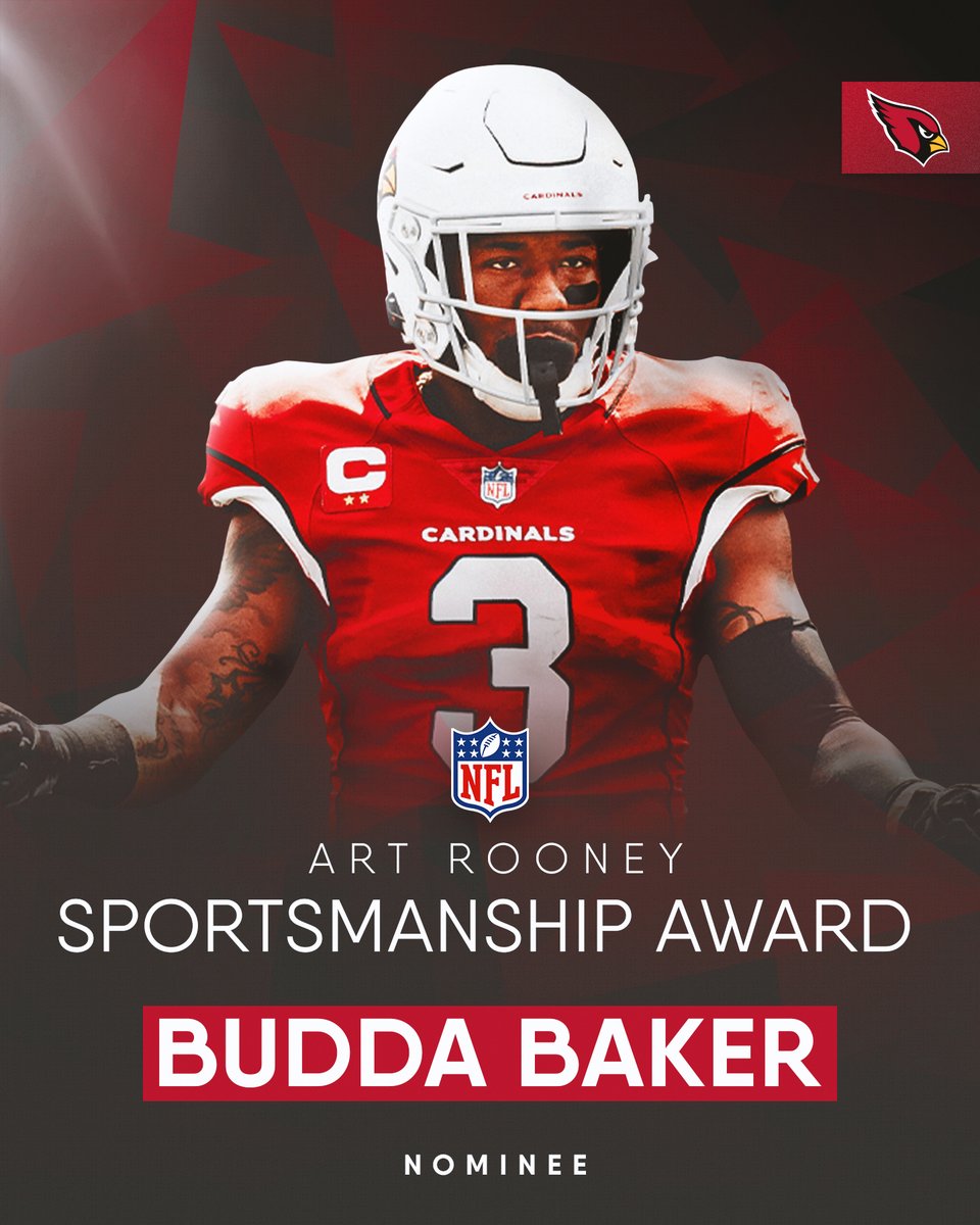 AZCardinals's tweet photo. Budda Baker has been named our 2021 Art Rooney Sportsmanship Award nominee.

The award recognizes players around the league who exemplify outstanding sportsmanship on the field.

Congratulations, @buddabaker32! 👏 https://t.co/RZC3rK1JIf