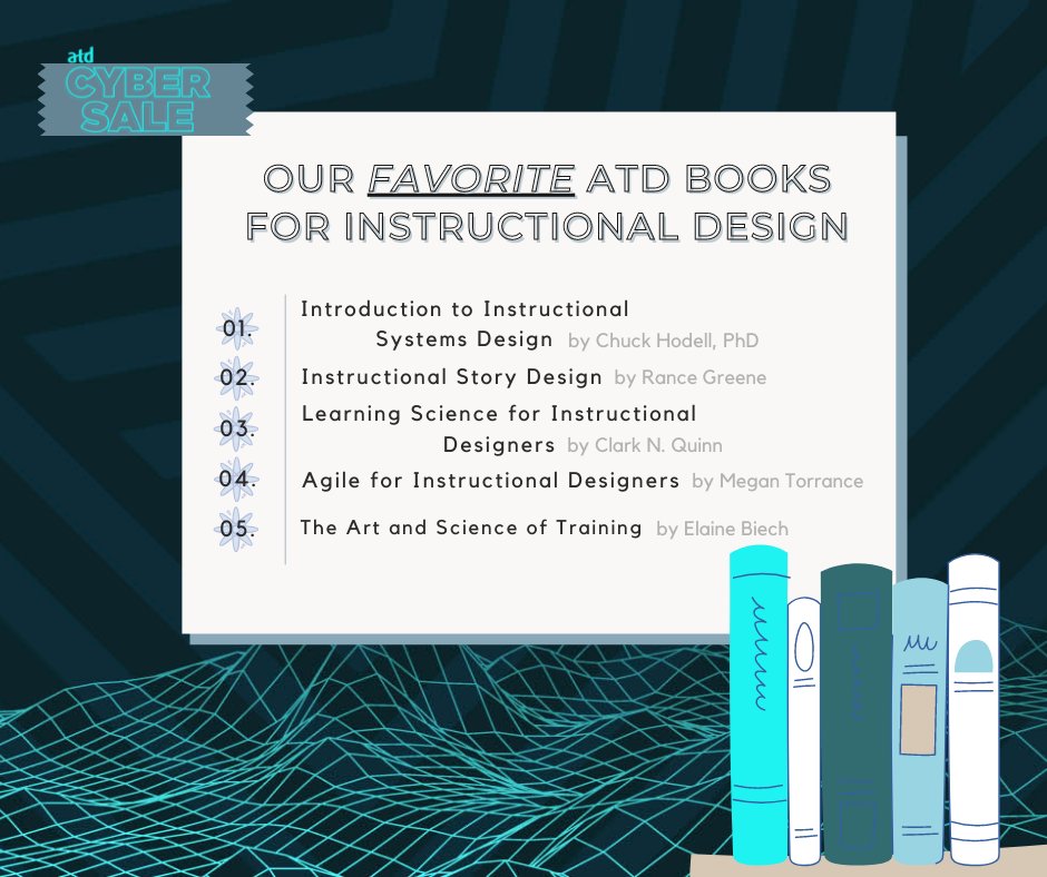 atd's tweet photo. What's your go-to instructional design book? Save 20% on #ATDPress books during ATD Cyber Sale!
Stock your bookshelf: https://t.co/jaTaWHpd8k
#ATD #careerdevelopment #professionaldevelopment #instructionaldesign #instructionalsystemsdesign #learningscience #EmployeeLearningWeek https://t.co/VxZMIofagC