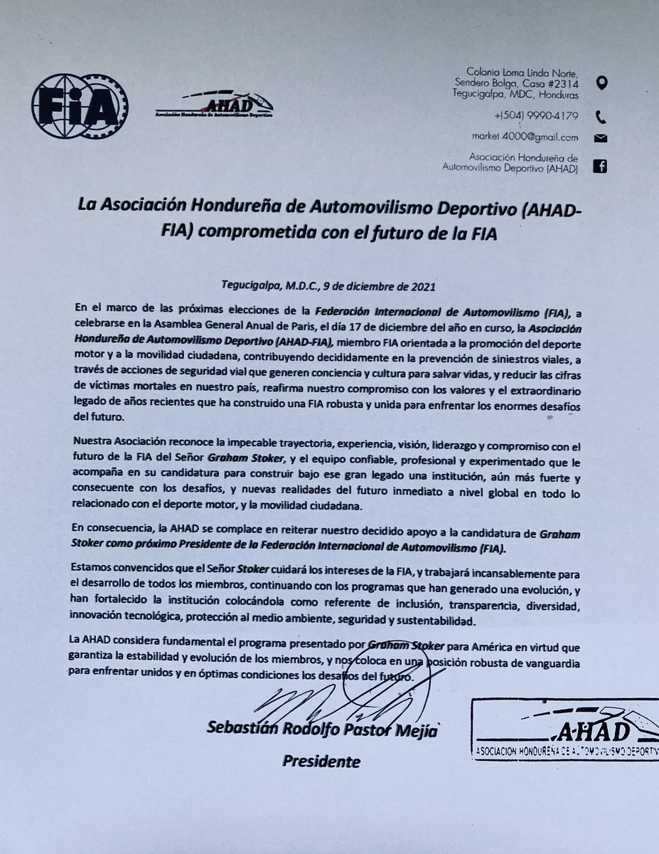 sebaspastor1's tweet photo. Posición de la Asociación Hondureña de Automovilismo Deportivo (AHAD) en apoyo a la candidatura de Graham Stoker para Presidente de la Federación Internacional del Automovilismo (FIA). #FIAForAll #Honduras #Sport #Mobility #AHAD @GrahamStoker21 https://t.co/Lc36d0FuKp