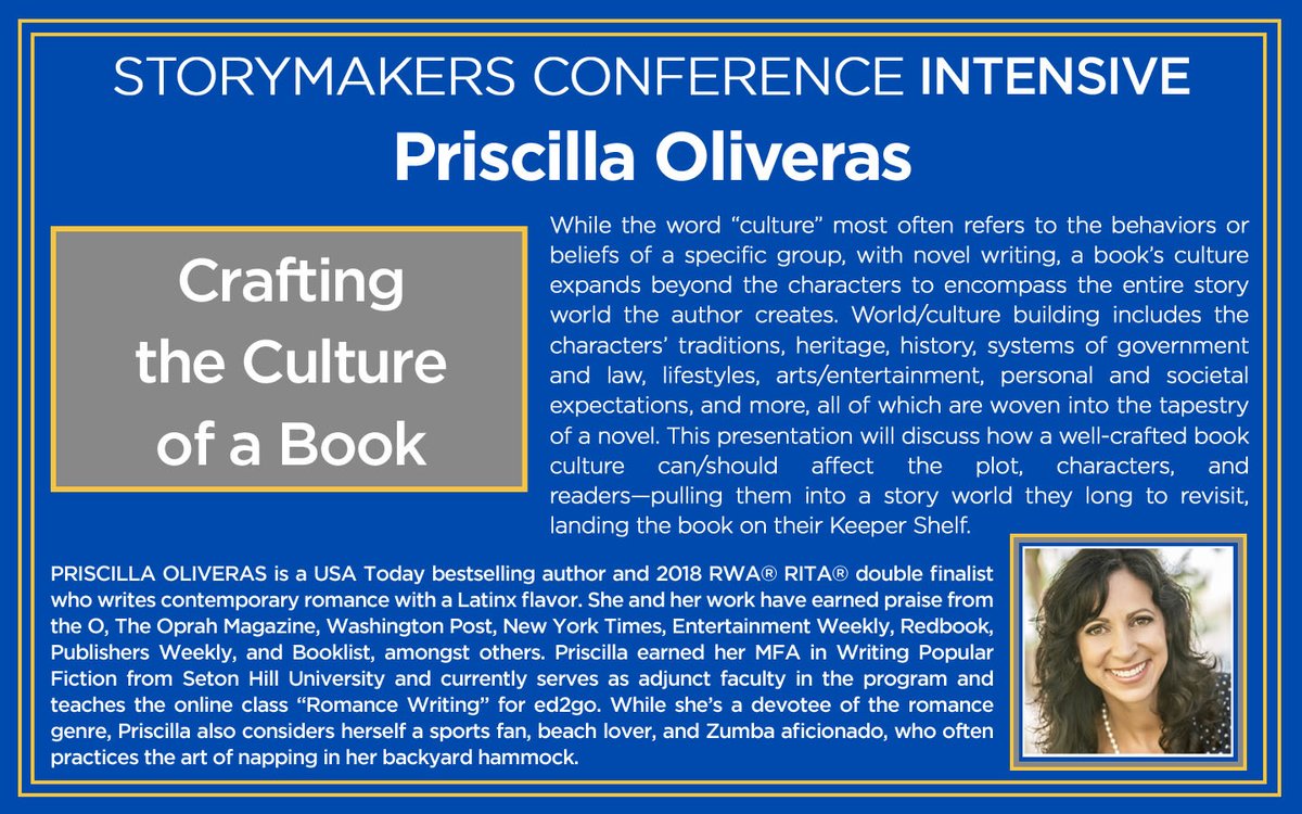 We are beyond excited to have Priscilla Oliveras join us this year. As huge fans of her romances, we can’t wait to take this intensive!

Whether or not you write romance, this intensive promises to have something for writers of all genres to take away. #storymakers22