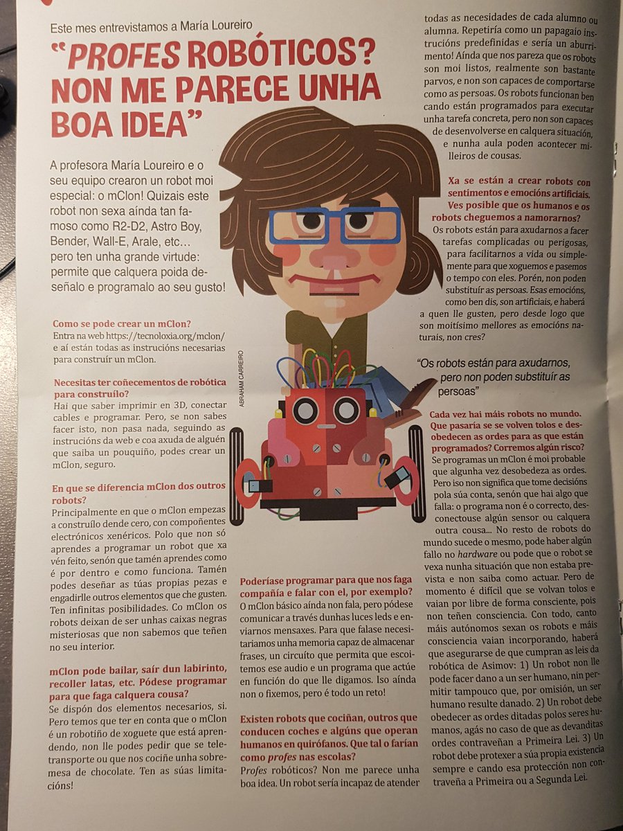 mClonRobot's tweet image. Na revista infantil O Papagaio - O xornal da xente miúda! - opapagaio.gal entrevistaron a María, unha das compoñentes do equipo creador do mClon. Grazas!!