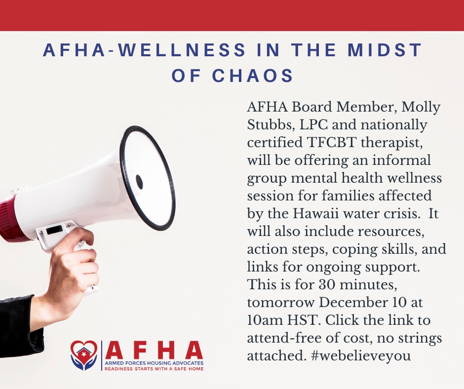 AFHAorg's tweet image. If you are an affected resident of the water crisis, please join our Mental Health Advisory Board Member, Molly Stubbs, LPC, for a virtual wellness session. Simply click on the link: meet.google.com/bxp-xsnk-gur

#EndMHPI #hawaii #military #wellness #mentalhealth