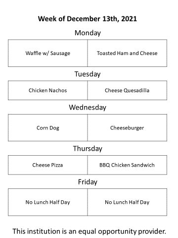 RRESPandas's tweet photo. Here's a look ahead to next week's lunch menus.  There is no lunch service on December 17th because it is a half day of school.  🐼 #RRESPandas https://t.co/wBvAvxBKUm