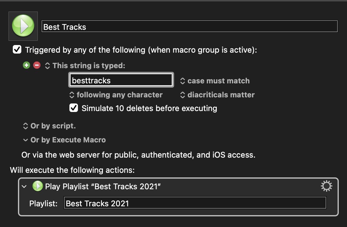 When I don't want switch to the Apple Music app to choose a playlist or song, I simply type 'besttracks' and it will start playing that smart playlist.  If I'm not typing, I click the same macro in Music Palette on my desktop. 
Here's the Keyboard Maestro macro: