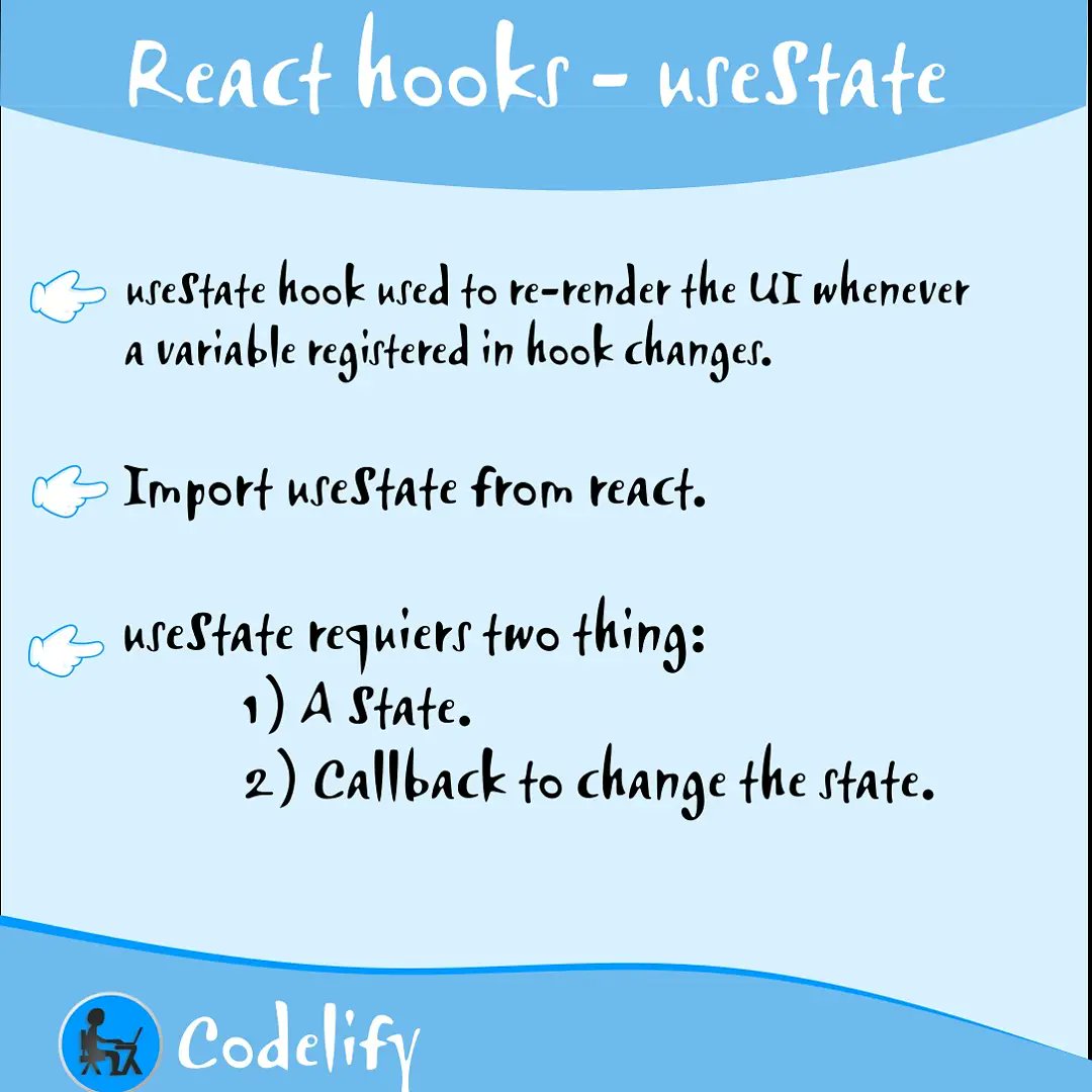Codelify1's tweet image. React hooks-useState  #reactjs #100DaysOfCode #programmers