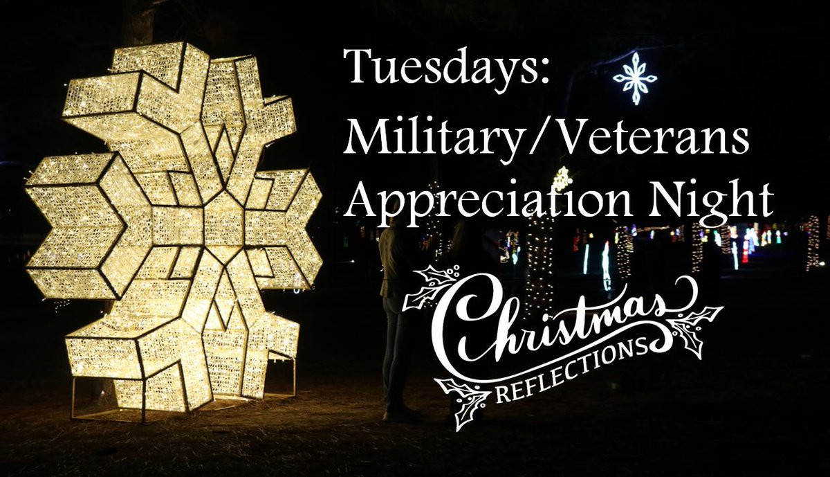 Tuesdays during Christmas Reflections 2021 light show are Military/Veterans Appreciation Nights.  Active military or veterans can show their ID at the gate of Christmas Reflections, 3 Circle Drive, and pay only $10 for their carload of up to 6 people to enjoy the lights.