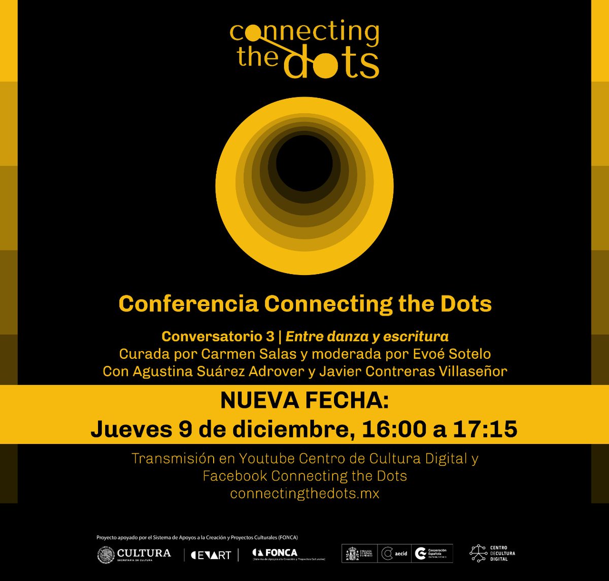 Está tarde tienes una cita de 16 h a 17.15 h en el Conversatorio 3 | Entre danza y escritura, dentro de las conferencias #CTD2021
Participan Agustina Suárez Adrover y Javier Contreras Villaseñor.
Sigue la transmisión en las redes de <a href="/CCDmx/">Centro de Cultura Digital</a> y <a href="/ctdots_mx/">Connecting the Dots</a> 📢✨