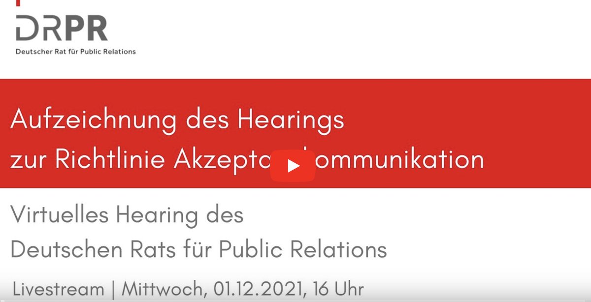 Letzte Woche hat das Hearing zur neuen Richtlinie Akzeptanbzkommunikation des <a href="/PR_Rat/">DRPR</a> stattgefunden, alle, die nicht teilnehmen konnten, finden den Mitschnitt jetzt hier: youtube.com/watch?v=ianKGV… Vielen Dank an <a href="/ulfmehner/">Ulf Mehner</a> , @TZimmerling und <a href="/FelixKrebber/">Felix Krebber</a> sowie den AK der <a href="/DPRGde/">DPRG</a>