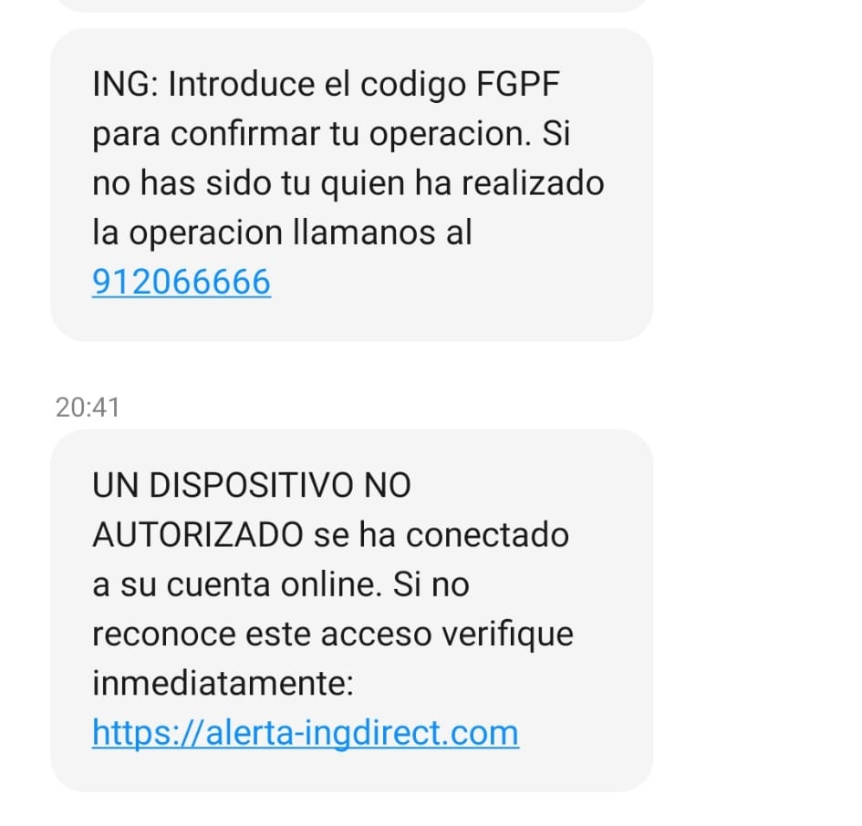 anvercar's tweet photo. Hola @ING hay activo ahora mismo un pishing en la web https://t.co/KUfdBPYbnw. El sms llega al móvil desde el mismo número de los avisos normales de ING. https://t.co/WyKPdBlyHF