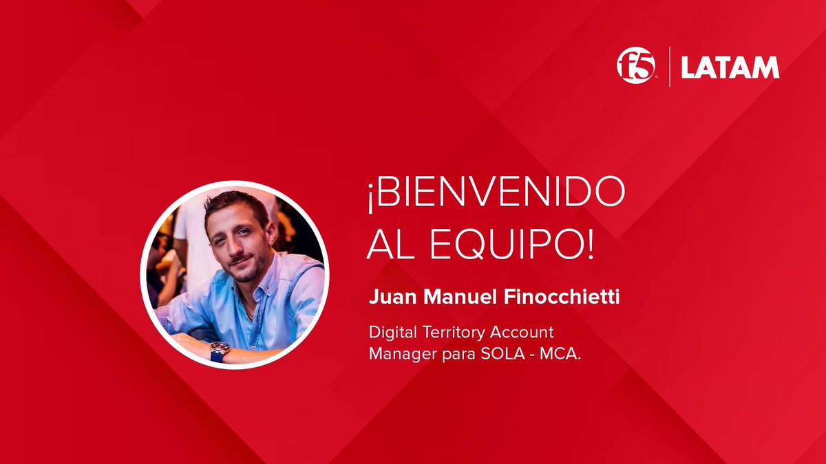 Estamos muy contentos de poder anunciarles una nueva incorporación a nuestro equipo: Juan Manuel Finocchietti.

Juan Manuel se une a F5 como Digital Territory Account Manager para SOLA - MCA.

¡Bienvenido a F5!

¡Muchos éxitos!

#F5LATAM #Teamwork #Bienvenido