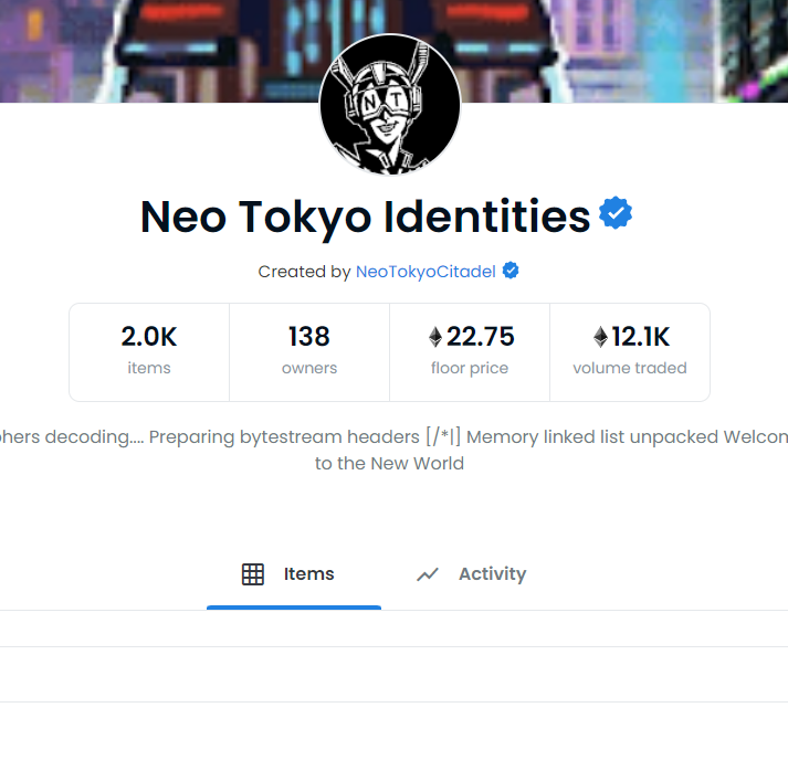 There are 22 Neo Tokyo Identities for sale. Less than 1% of supply 

Supply crunch as gaming funds/ceos/studios are claiming their spots while the floor is sub 30 eth...

Your either building the metaverse inside or watching us do it from the outside

Oh. Comment your wallet. S2.