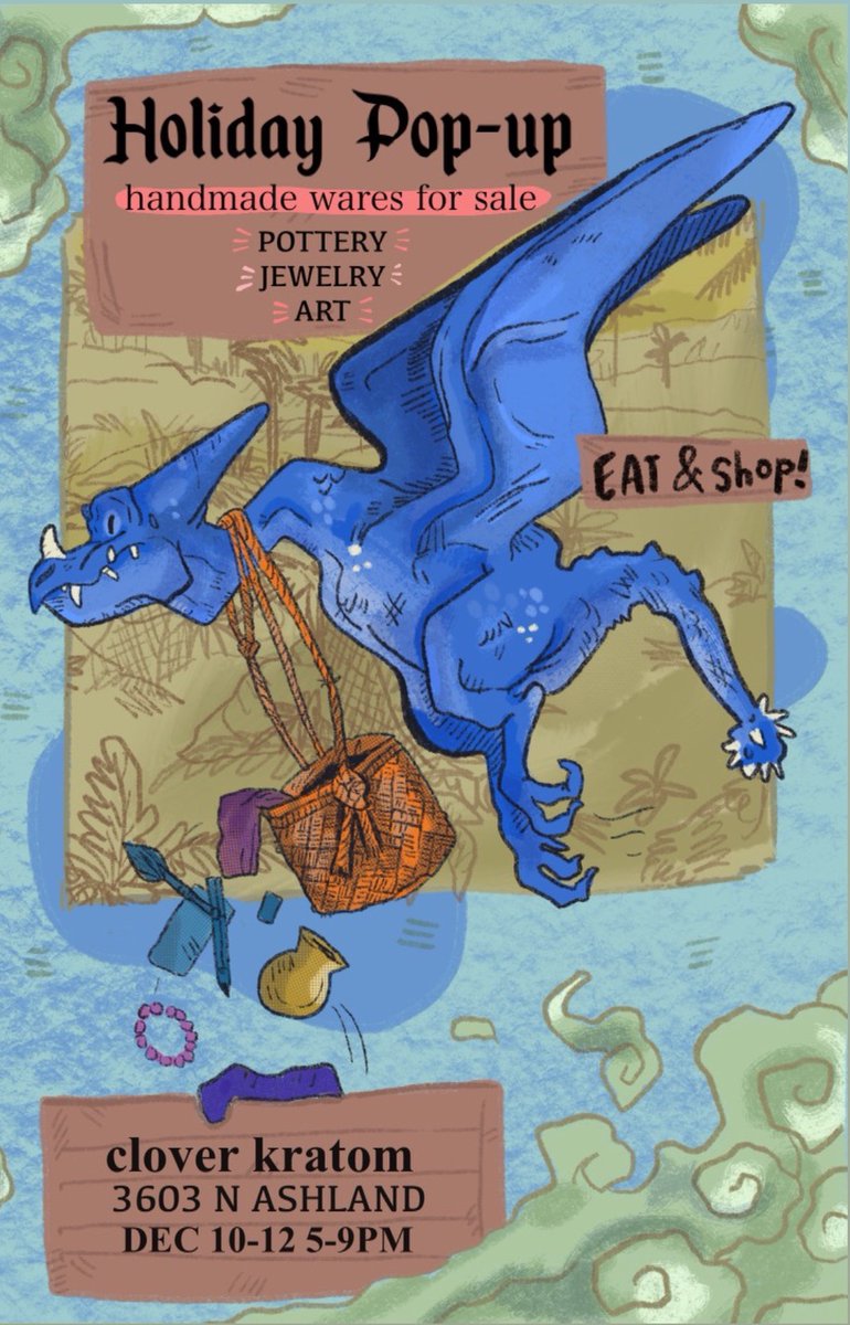CloverKratom's tweet photo. Stop by the store to shop local artists pottery, jewelry, art and more. Pull a mystery offer to apply to your Clover Kratom purchase. 5pm-9pm Friday, December 10
#shoplocal #smallbusiness #lakeview #cloverkratom #cbd #kratom #delta8 https://t.co/Wn8nawvC0D