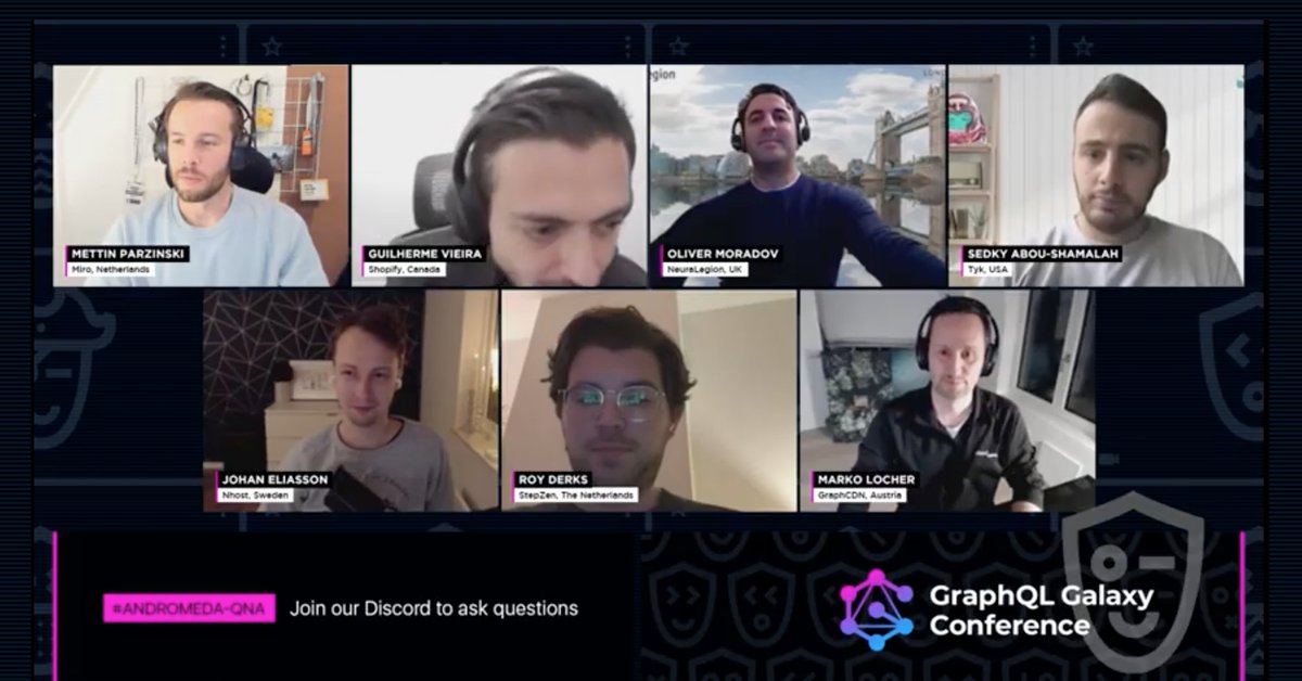 .<a href="/GraphQLGalaxy/">GraphQL Galaxy 🗓 Dec 8-9</a>  nice QnAs following the Lightning Talks!

🙏Thanks for hosting <a href="/mettinparzinski/">Mettin 🇳🇱</a> 

👏 Great talks: <a href="/albuk/">Gui Vieira</a> <a href="/AppSecOli/">Oli Moradov</a> <a href="/sedkodes/">Sedky</a>  <a href="/elitasson/">johan</a> <a href="/gethackteam/">Roy Derks 🚀</a> <a href="/mlocher/">Marko Locher</a> 

#GraphQLGalaxy