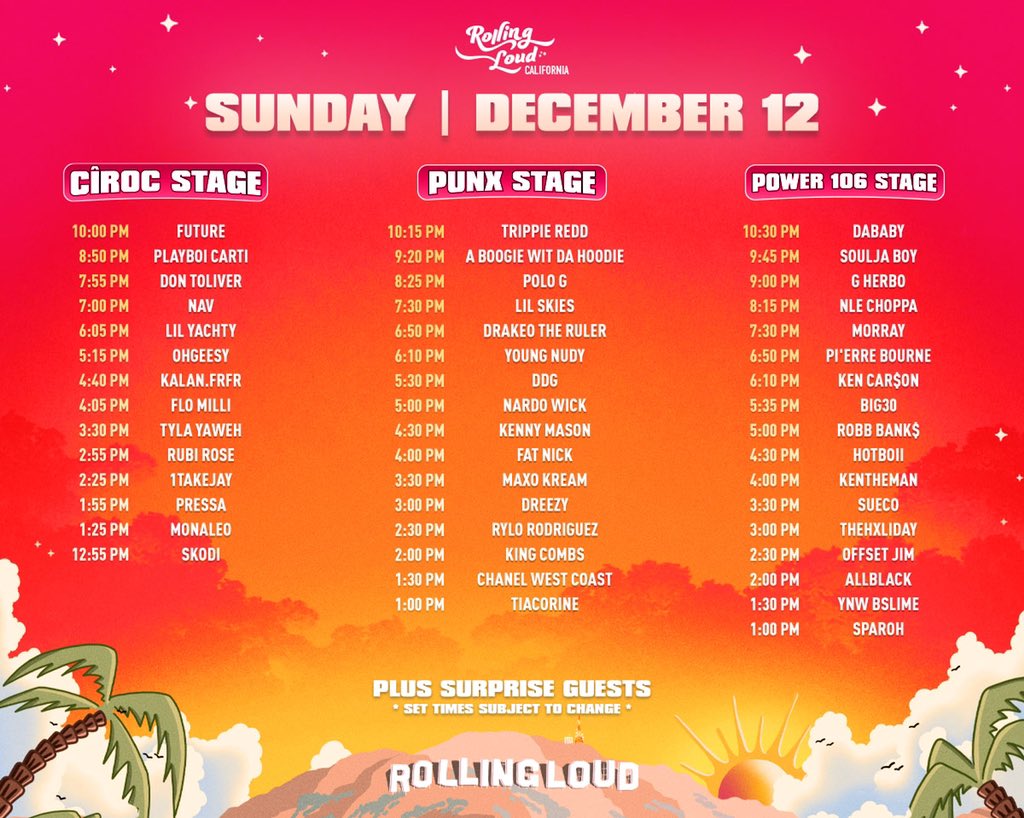 RollingLoud's tweet image. ROLLING LOUD CALIFORNIA

2021 SET TIMES 🌴

Build your schedule in our app!
RollingLoud.com/app