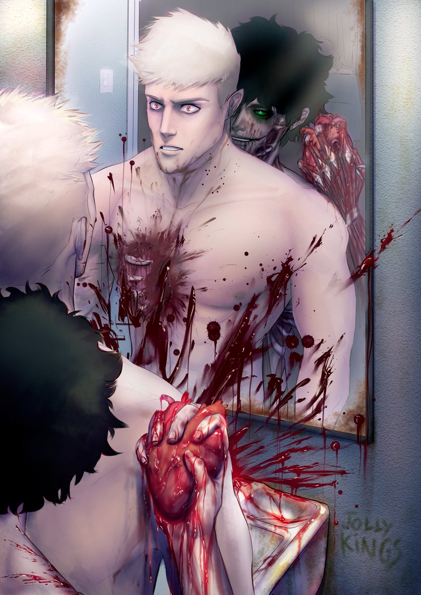 cw: gore, blood, exposed organ, zombie, horror

Art made for the coolest zombie zine ever, <a href="/bkdkapocalypse/">Contagion: A BKDK Zombie Zine | COMPLETE 🧟‍♀️</a>!
I am so freaking proud of this one??
One of my favorite arts so far, I mean, please look at that heart?? And Zombie Deku's face on the mirror?? Gosh I LOVE this~