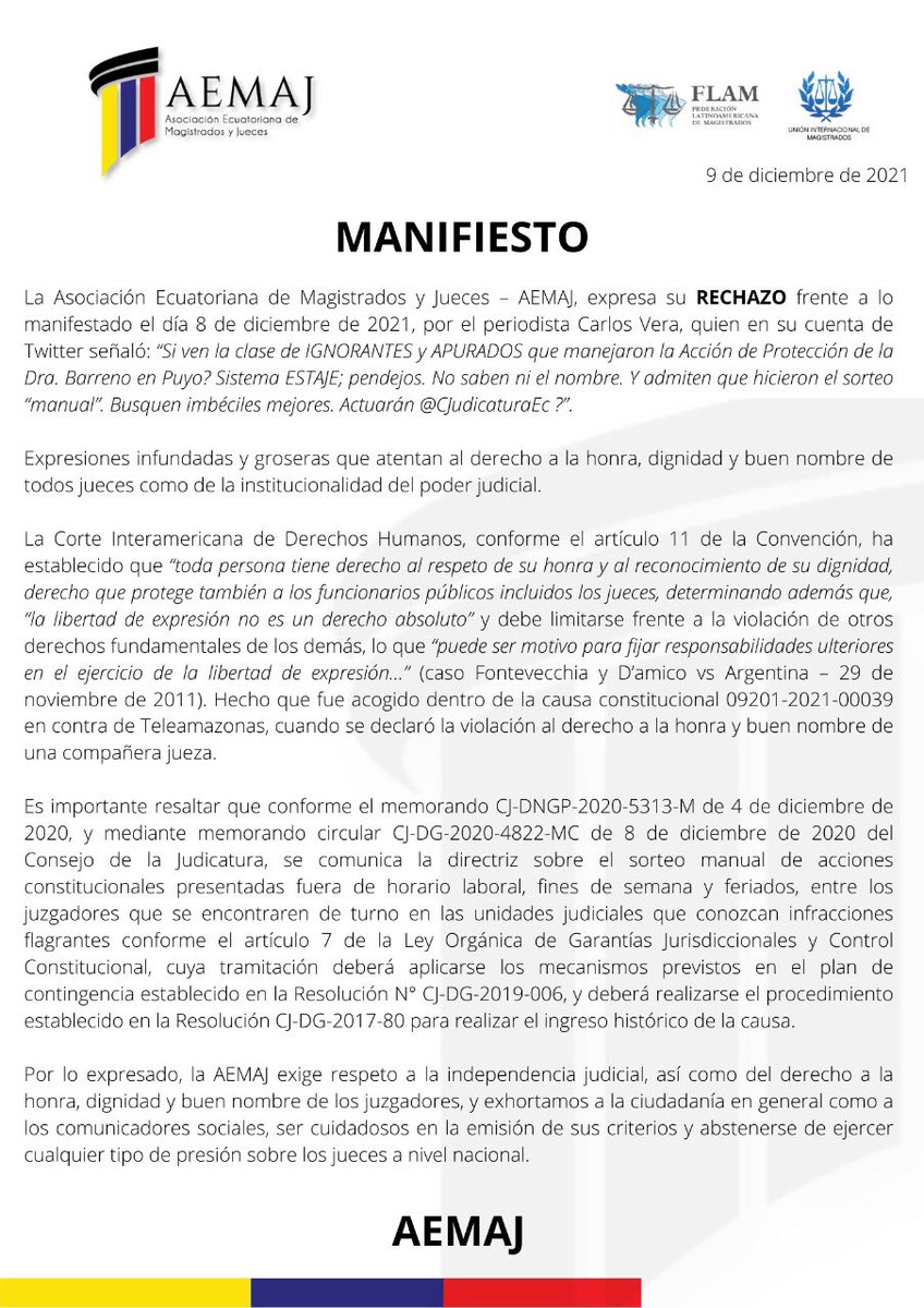 AsoJuecesEc's tweet photo. #AEMAJenAcción Emitimos el siguiente #Manifiesto sobre las expresiones por @CarlosVerareal, el día de 8 de diciembre, mismas que atentan contra la honra y  buen nombre de todos jueces como de la institucionalidad del poder judicial. https://t.co/UuWuc9Q0Hq