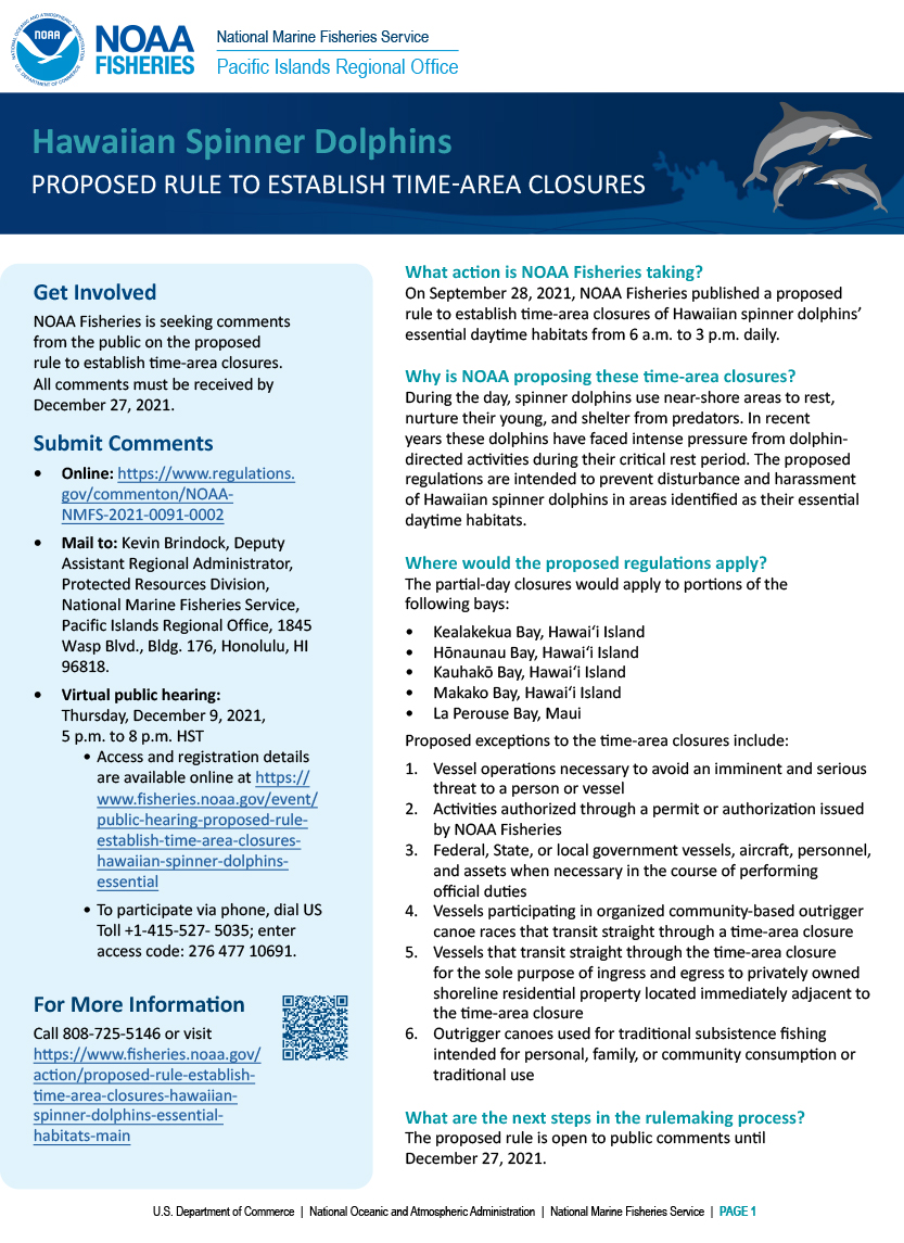 NOAAFish_PIRO's tweet photo. Reminder! The virtual public hearing on the proposed rule to establish time-area closures for Hawaiian spinner dolphins is today (12/9) from 5 p.m.–8 p.m. HST. More info: https://t.co/FzFhdBZX6o #spinnerdolphin https://t.co/obvRXjaOpY