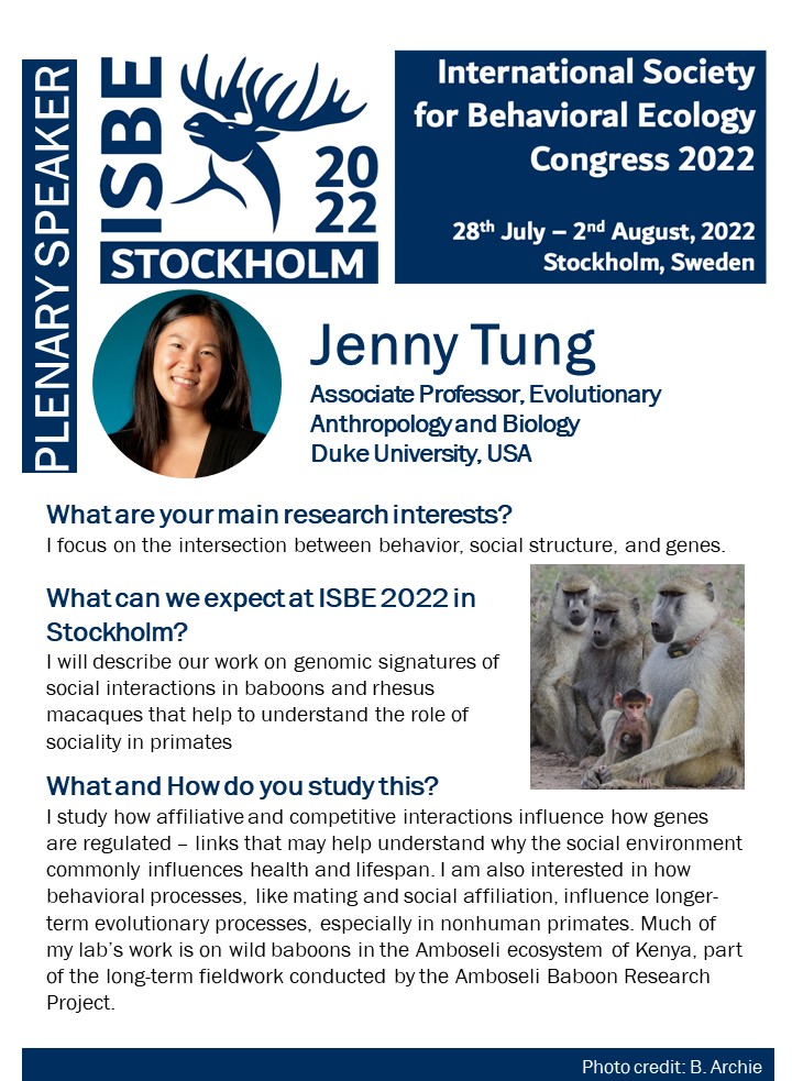 Fish, spiders, bats...and now primates. Introducing Jenny Tung, another fantastic plenary speaker for #ISBE2022 in Stockholm Sweden July 28-Aug 2. Will we see you there? https://t.co/JTld2T9SAA