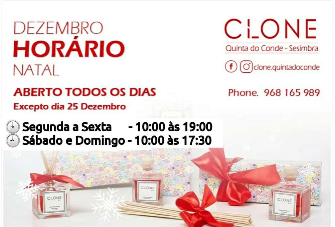 RuthCLONE_QC's tweet image. 🎄 Horário Especial de Natal 🎄
ABERTO TODOS OS DIAS .... 🎁 🎄
.... Excepto dia 25 de Dezembro .... 
🕘 Segunda a Sexta     - 10:00 às 19:00
🕘 Sábado e Domingo - 10:00 às 17:30 
Este Natal 🎄 surpreenda a sua Família e Amigos !! 

CLONE Quinta do Conde - Sesimbra
