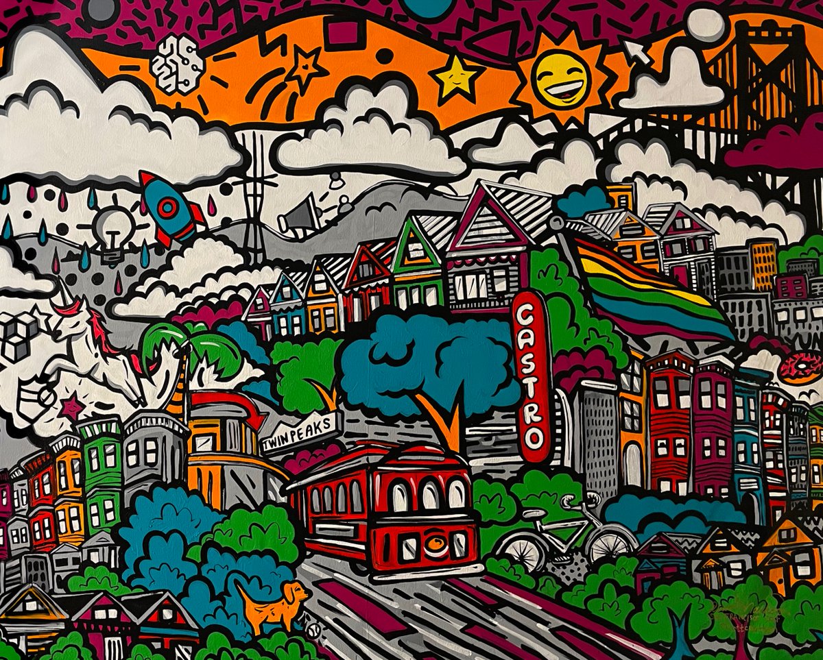 ElliottCNathan's tweet photo. The 15ft x 5.8ft canvas painting of San Francisco I have been working on for the past few months for AWS is finally complete and delivered!
I built the frame so it could be folded in half with the canvas still attached in order to fit through doors and elevators. :) https://t.co/nKGd9XrOkL