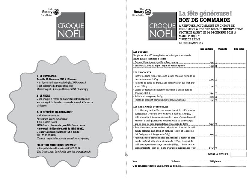RotaryClotilde's tweet photo. «Croque Noël 2021» fin mardi !Remplissez maintenant le bon de commande sur la page Facebook 😊
Les bénéfices sont pour l’association ROSEAU qui aide les enfants atteints de leucémie et de cancer soignés au CHU de Reims. 
Le Rotary Reims Clotilde "Servir pour changer des vies" https://t.co/iz5hUOOTND