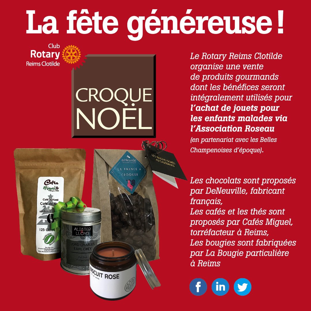 «Croque Noël 2021» fin mardi !Remplissez maintenant le bon de commande sur la page Facebook 😊
Les bénéfices sont pour l’association ROSEAU qui aide les enfants atteints de leucémie et de cancer soignés au CHU de Reims. 
Le Rotary Reims Clotilde "Servir pour changer des vies"
