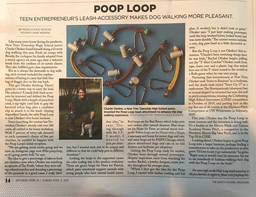 NTEdFoundation's tweet photo. (1/2) 2021 Year In Review: #Entrepreneurship
We celebrated Charlie Olesker ’22 who took 4th place out of 137 teams at the @IMSA_ #PowerPitch in April for his dynamic Poop Loop Leash Accessory. Charlie and Rowdy even made the news in @DailyNorthShore https://t.co/2uAI1gfqd5