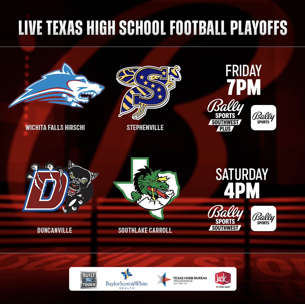 FanDuelSN_SW's tweet photo. Some HUGE #TXHSFB matchups this weekend on Bally Sports Southwest ๐
๐ @HirschiFootball vs @SvilleYJFB on Friday night
๐ @Duncanville_Fb vs @CarrollDragonFB on Saturday
๐ฒ Bally Sports App https://t.co/9HWxzFOM9j