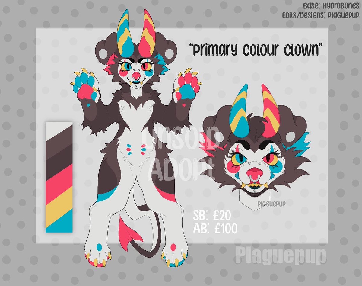 plagueepup's tweet photo. 3 Adopts for sale!
Please bid through #toyhouse or IG! #clownadopt #adopts #adoptable #furryadopt #canineadopt original base by @hydrabones

https://t.co/Ott4TAnt5S https://t.co/ZYe8fICzoL