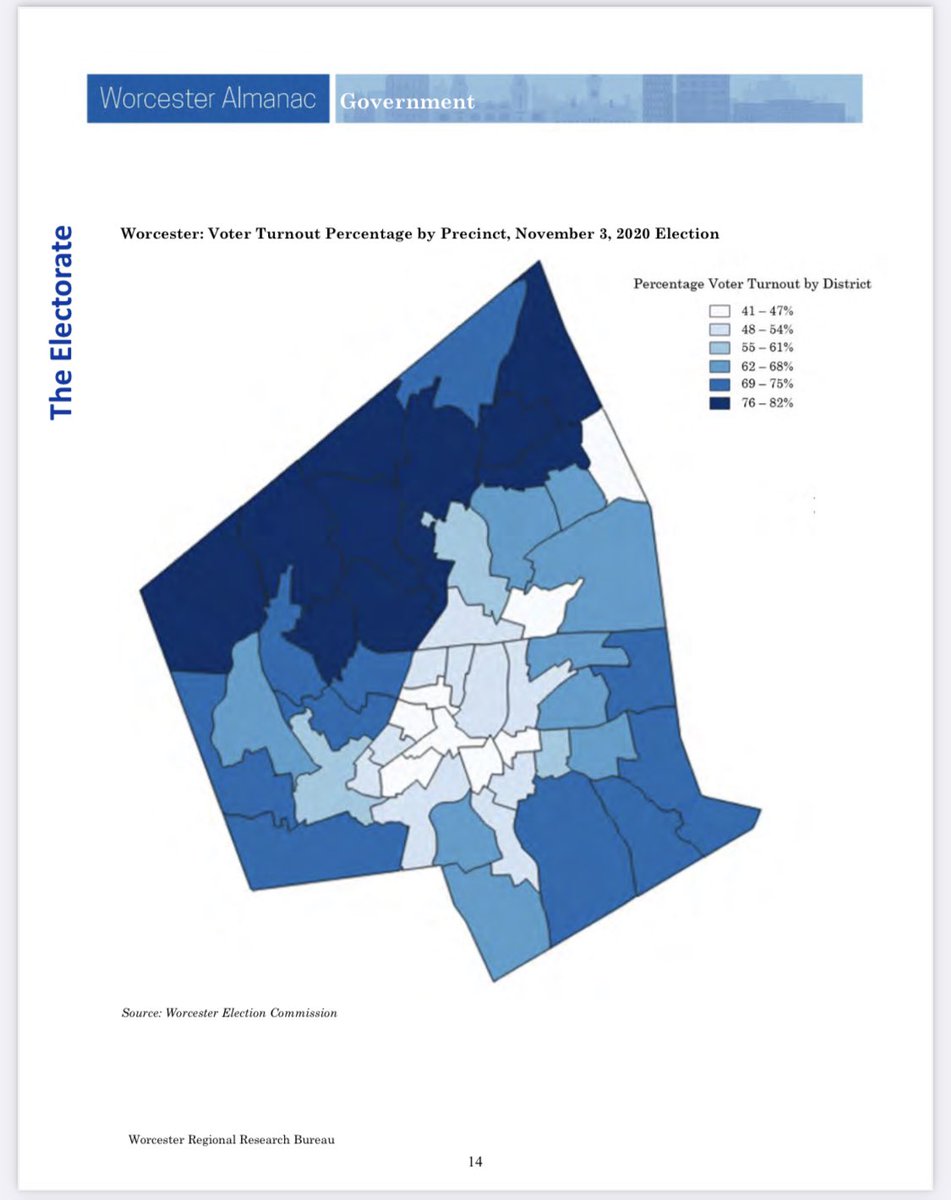 WorcInProgress's tweet photo. Speaking of #WorcInProgress, @WRRBureau came out with their almanac, and we need to do SO much better with voter turnout. Just look at this map. #worcpoli https://t.co/GcKNna0Kbe