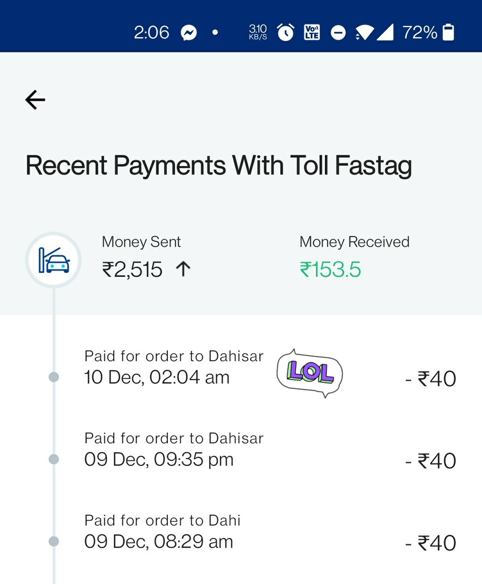 What a practice @DahisarKar toll naka @fastagofficial @FASTag_NETC @AUThackeray @CMOMaharashtra Despite of not travelling at 2.04 am; my toll tax got deducted - surprised as my toll tax both way @ 8.30 am and 9.30 pm is already deducted. #geetajain #mithalaljain @PMOIndia