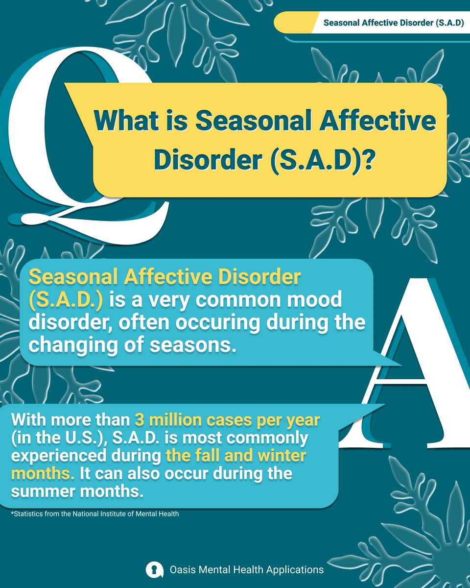 OasisApp's tweet photo. S.A.D (seasonal affective disorder) is a common mood disorder that occurs during the changing of seasons &amp; is most commonly experienced during the fall and winter months. Don’t be afraid to reach out for support if you find yourself feeling down!  ❄️🌲

#s.a.d. #mentalhealth https://t.co/eGSuenBZNi