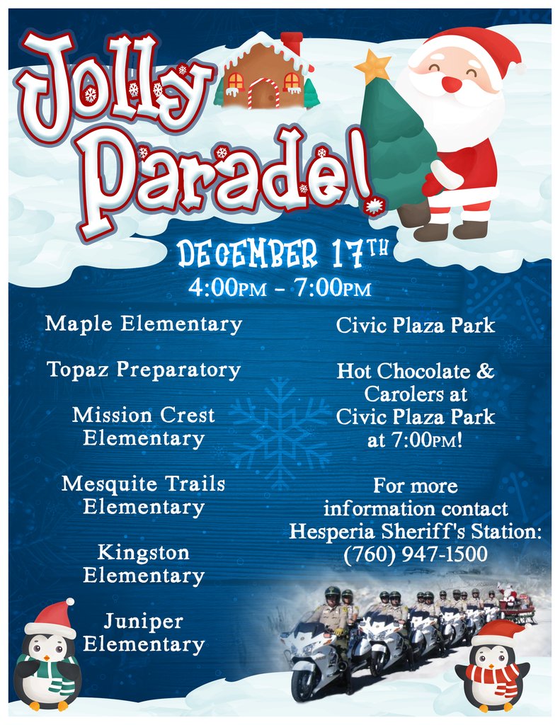 RancheroMiddle's tweet photo. Hesperia's Jolly Parade December 17th from 4pm-7pm. If you missed Santa at one of his stops, join us at Civic Plaza Park at 7pm for photos and hot chocolate! https://t.co/r7gyIQsGTr