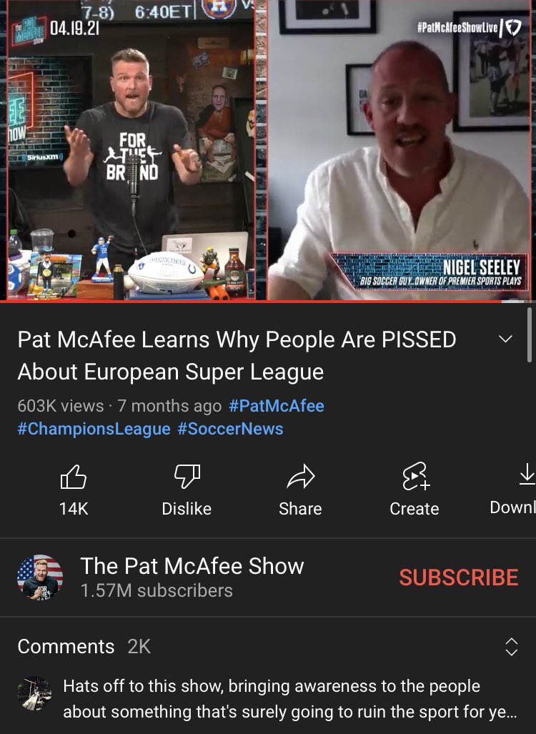 huppp6's tweet photo. #Pmsfanduelfamily
 Some rare @PatMcAfeeShow soccer content slipped its way into my algorithm. Appreciated how Pat let Nigel explain how messed up Super League would be and exposed it to an audience that wouldn’t otherwise know/care. 
Excited for some World Cup 2022 Segments! https://t.co/wvlhOQqXXn
