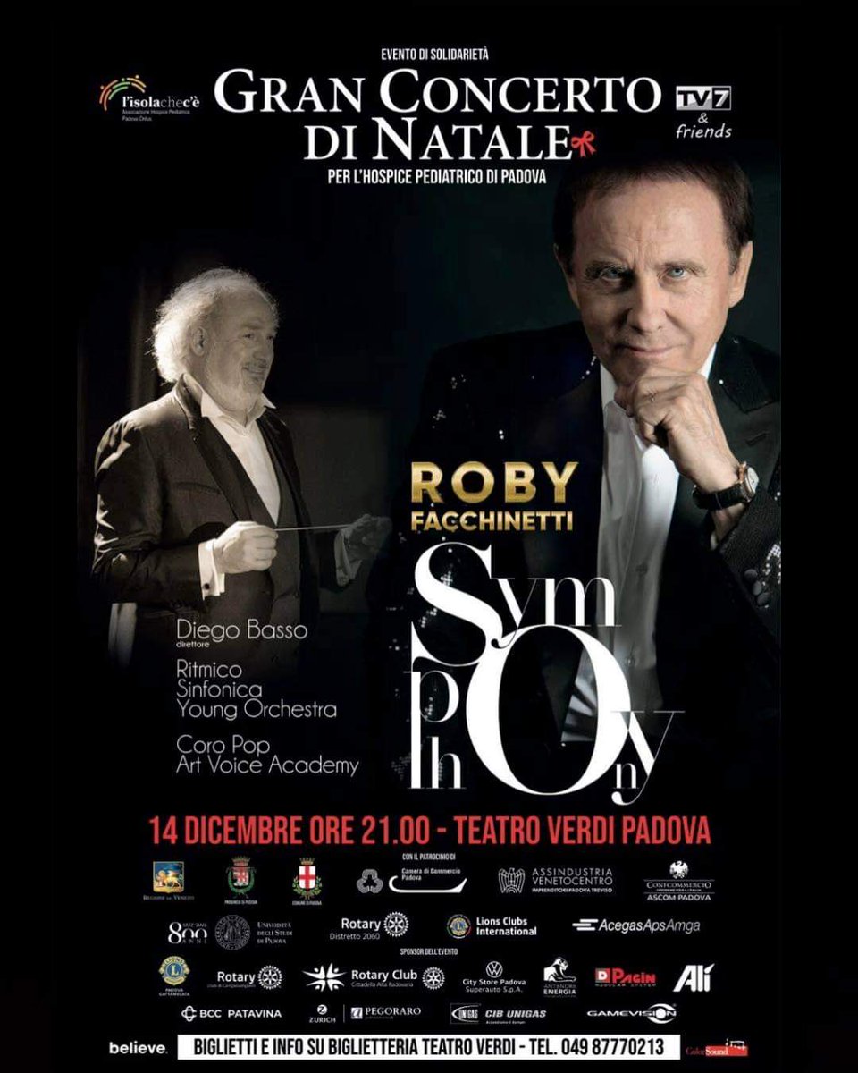 14 dicembre 2021 ore 21:00 Teatro Verdi di Padova Gran Concerto di Natale con Roby Facchinetti Symphony - Ritmico Sinfonica Young Orchestra  - Coro pop Art Voice Academy - Diego Basso Direttore. Serata benefica dedicata all’Hospice Pediatrico di Padova  bit.ly/3DxiSNy