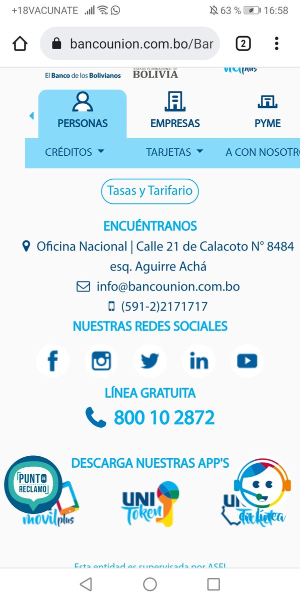 Hermanos del <a href="/BancoUnion/">Banco Unión S.A.</a>, ustedes registran la línea gratuita 800102872, pero sólo contesta una voz publicitaria grabada una y otra vez. ¿Están trabajando o continúan en proceso de devaluación de su imagen? (No suelo quejarme públicamente, pero no me dejan otra alternativa).