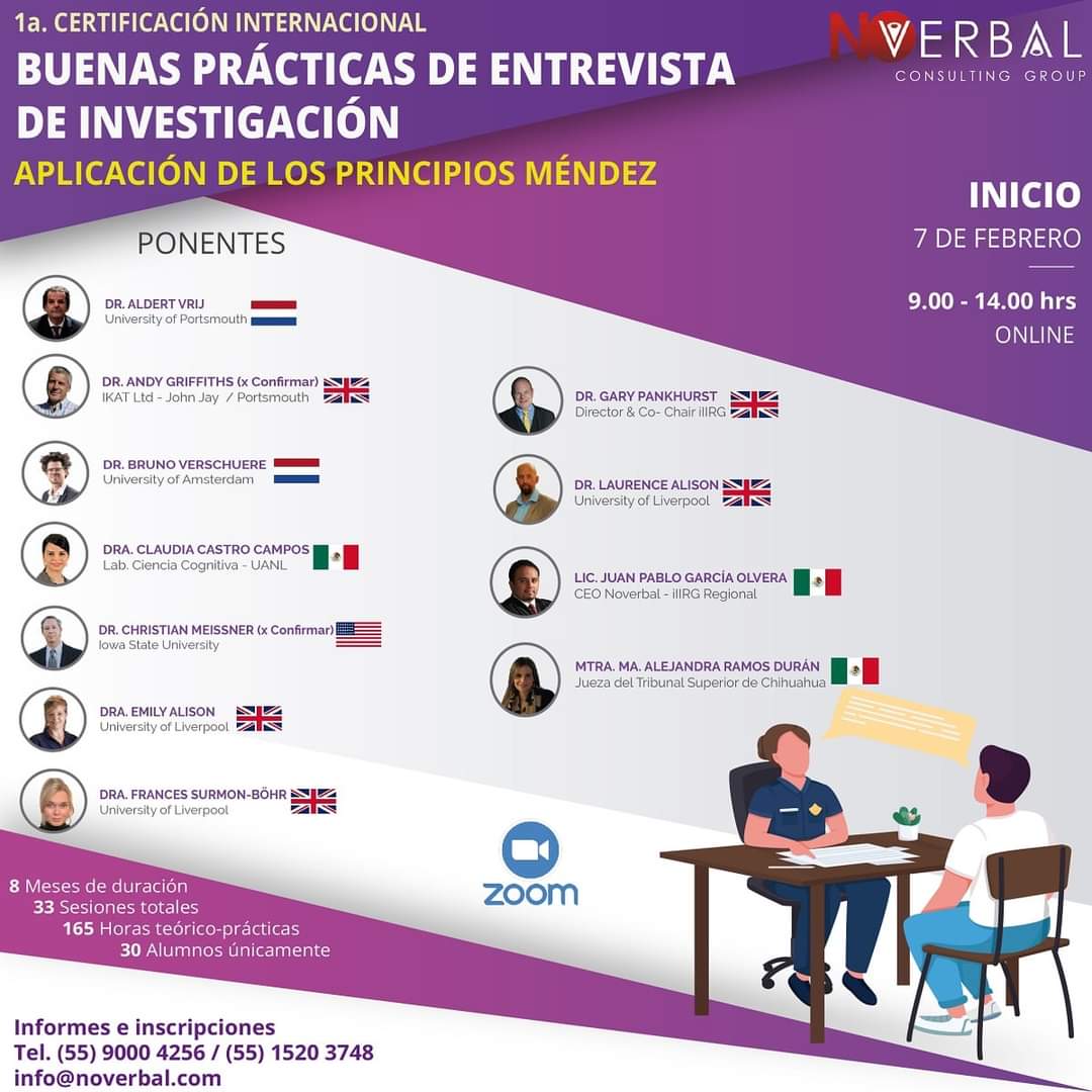 1ª. CERTIFICACIÓN INTERNACIONAL ONLINE 

BUENAS PRÁCTICAS DE ENTREVISTA DE INVESTIGACIÓN: APLICACIÓN DE LOS PRINCIPIOS MÉNDEZ 

¡RESTAN 25 LUGARES!